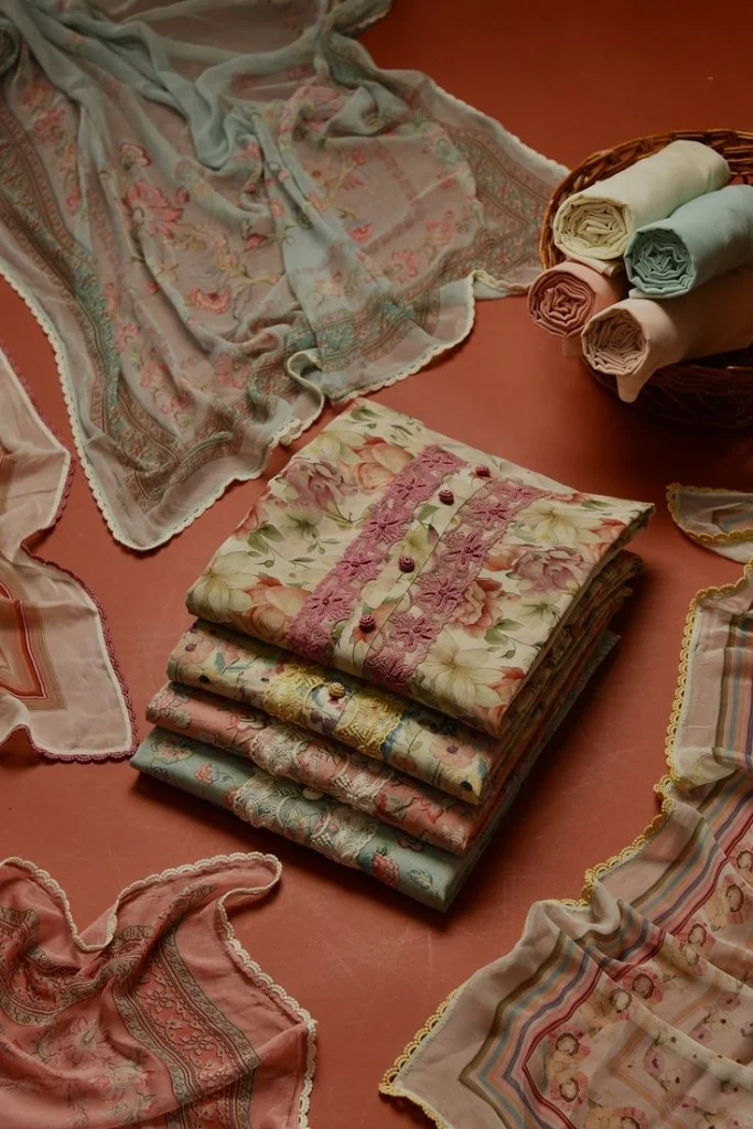Folded floral unstitched sets with lace trims arranged on terracotta